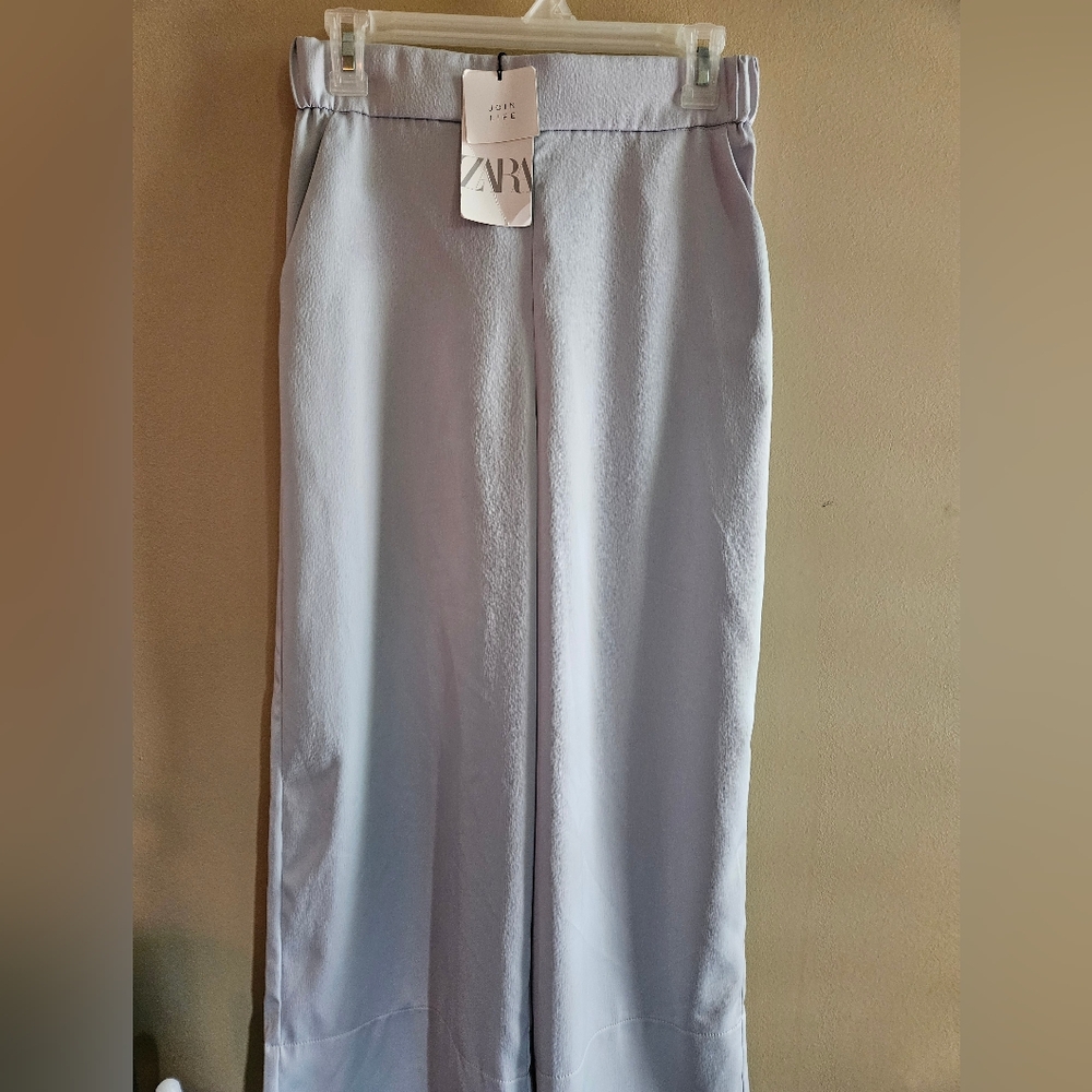 ZARA wide leg satin pants, size S, light blue